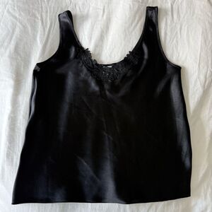 Black Satin Tank Top with Lace Neckline – Size Small